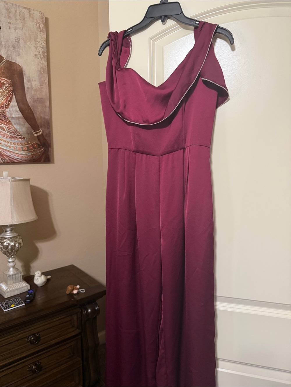 Burgundy Wide-Leg Jumpsuit with Draped Cowl Neck